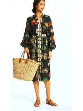 Farm Rio Headdress Tie Waist Beaded Midi Dress Size Medium NWT